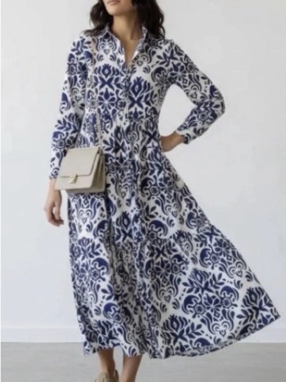 Zara Damask Tile Print Tiered Midi Dress Cotton Made in Morocco Size L